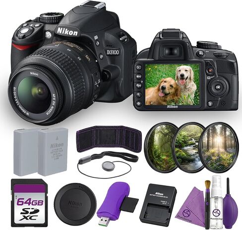 كاميرا Nikon D3100 DSLR مع عدسة VR مقاس 18-55 ملم وحزمة 14.2 ميجابكسل مع بطارية بديلة + طقم تنظيف + طقم مرشح + بطاقة ذاكرة سعة 64 جيجابايت + المزيد in Kuwait