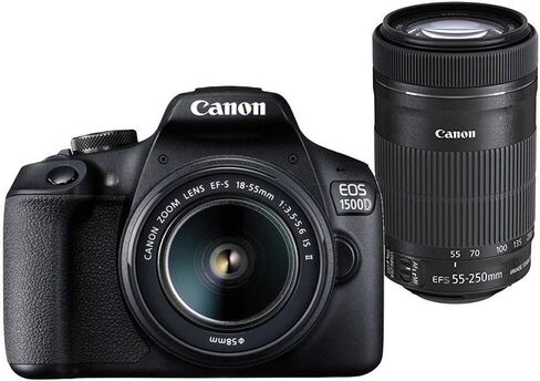 كاميرا Canon EOS 1500D الرقمية ذات العدسة الأحادية العاكسة (SLR) بدقة 24.1 ميجابكسل (أسود) مع عدسة II مقاس 18-55 و55-250 مم (متجددة) in Kuwait