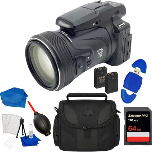 كاميرا Nikon COOLPIX P1100 الرقمية 26541 باللون الأسود - (حزمة الملحقات) SD 64 جيجابايت Extreme PRO 200 ميجابايت، حقيبة أدوات متوسطة، منفاخ، قارئ بطاقات، قطعة قماش للتنظيف، مجموعة أدوات للمبتدئين in Kuwait