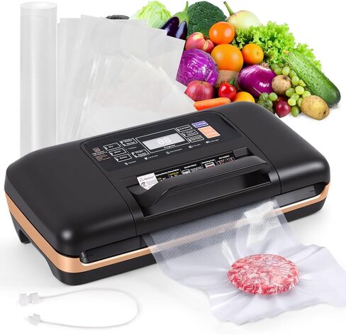 Vacuum sealer with strong suction, one-touch operation, double seal strip, built-in cutter and bag storage, includes 1 roll of bags and 1 set of bags. in Kuwait