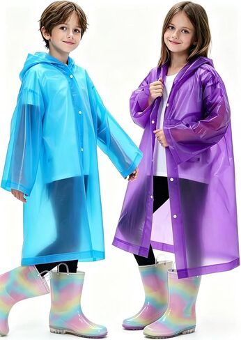 2 Pack Raincoats for Kids, Reusable Rain Ponchos with Hood and Sleeves Rain Coats for Boys and Girls in Kuwait