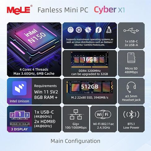 MeLE Cyber ​​X1 كمبيوتر صغير بدون مروحة N150 (يصل إلى 3.6 جيجا هرتز) 16 جيجا LPDDR5 512 جيجا SSD Win11Pro كمبيوتر مكتبي صغير فائق النحافة يدعم 2X HDMI + USB-C شاشة ثلاثية WiFi5 BT5.1 GbE، للإشارات الرقمية، IoT، Plex in Kuwait