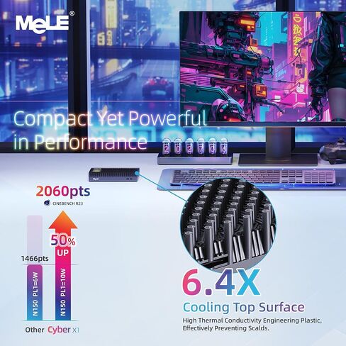 MeLE Cyber ​​X1 كمبيوتر صغير بدون مروحة N150 (يصل إلى 3.6 جيجا هرتز) 16 جيجا LPDDR5 512 جيجا SSD Win11Pro كمبيوتر مكتبي صغير فائق النحافة يدعم 2X HDMI + USB-C شاشة ثلاثية WiFi5 BT5.1 GbE، للإشارات الرقمية، IoT، Plex in Kuwait