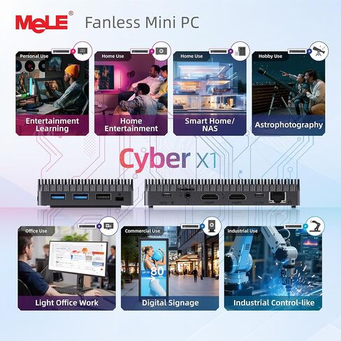 MeLE Cyber ​​X1 كمبيوتر صغير بدون مروحة N150 (يصل إلى 3.6 جيجا هرتز) 16 جيجا LPDDR5 512 جيجا SSD Win11Pro كمبيوتر مكتبي صغير فائق النحافة يدعم 2X HDMI + USB-C شاشة ثلاثية WiFi5 BT5.1 GbE، للإشارات الرقمية، IoT، Plex in Kuwait