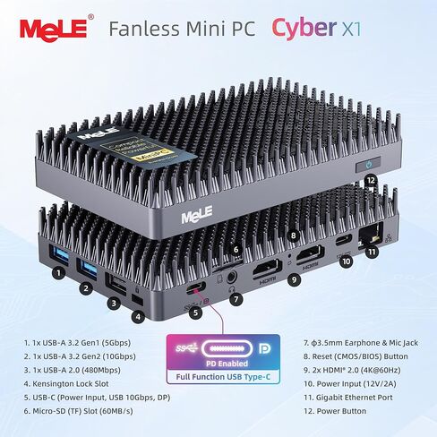 MeLE Cyber ​​X1 كمبيوتر صغير بدون مروحة N150 (يصل إلى 3.6 جيجا هرتز) 16 جيجا LPDDR5 512 جيجا SSD Win11Pro كمبيوتر مكتبي صغير فائق النحافة يدعم 2X HDMI + USB-C شاشة ثلاثية WiFi5 BT5.1 GbE، للإشارات الرقمية، IoT، Plex in Kuwait