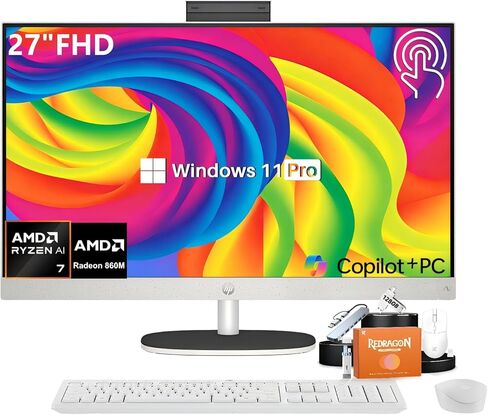 HP 27" All-in-One FHD Touchscreen Desktop Computer, AMD Ryzen AI 7 350(8-Core), 32 GB DDR5-5600 RAM, 2 TB SSD, AMD Radeon 860M GPU, Wi-Fi 6, BT 5.4, Windows 11 Pro, Copilot+ PC, Wireless KB and Mouse in Kuwait