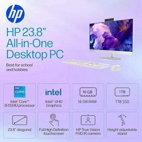 HP 24" All-in-One Desktop Computer, FHD IPS Touchscreen PC, 13th Gen Intel Core i5-1334U Processor, 16GB RAM, 1TB SSD, Windows 11 Pro, 1080p IR Camera, Wi-Fi 6, Wireless Keyboard & Mouse, White in Kuwait