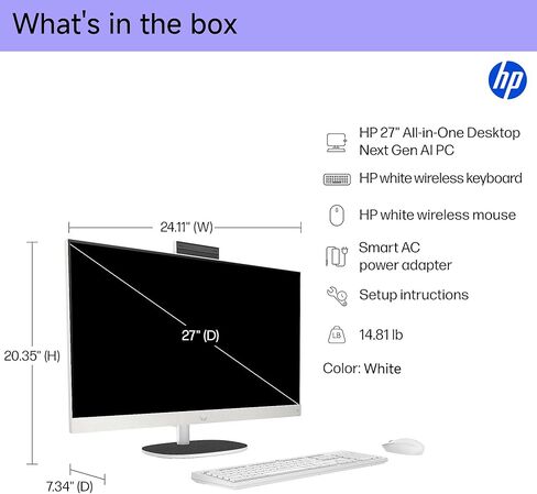 HP 27" All-in-One FHD Touchscreen Desktop Computer, AMD Ryzen AI 7 350(8-Core), 32 GB DDR5-5600 RAM, 2 TB SSD, AMD Radeon 860M GPU, Wi-Fi 6, BT 5.4, Windows 11 Pro, Copilot+ PC, Wireless KB and Mouse in Kuwait