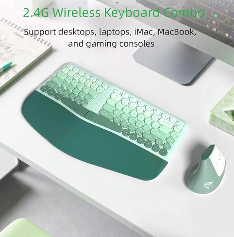 Ergonomic Wireless Keyboard and Vertical Mouse Combo, Split Curved Keyboard with PU Leather Wrist Rest, 2.4G, Membrane Keys, 3-Level Adjustable DPI Mouse, Compatible with Windows/Mac/iOS/Android,Green in Kuwait
