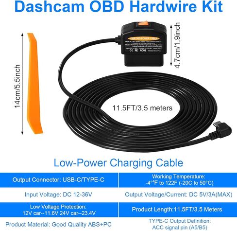 كابل طاقة كاميرا داش obd2، حماية من الجهد المنخفض (11.6 فولت/23.4 فولت) محول obd إلى النوع c، وضع انتظار السيارات 24/7 ووضع اكتشاف Acc، التوصيل والتشغيل المستمر للتسجيل in Kuwait