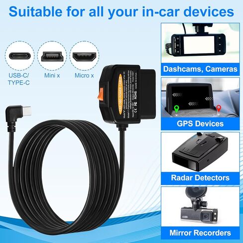 كابل طاقة كاميرا داش obd2، حماية من الجهد المنخفض (11.6 فولت/23.4 فولت) محول obd إلى النوع c، وضع انتظار السيارات 24/7 ووضع اكتشاف Acc، التوصيل والتشغيل المستمر للتسجيل in Kuwait