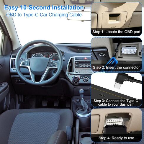كابل طاقة كاميرا داش obd2، حماية من الجهد المنخفض (11.6 فولت/23.4 فولت) محول obd إلى النوع c، وضع انتظار السيارات 24/7 ووضع اكتشاف Acc، التوصيل والتشغيل المستمر للتسجيل in Kuwait