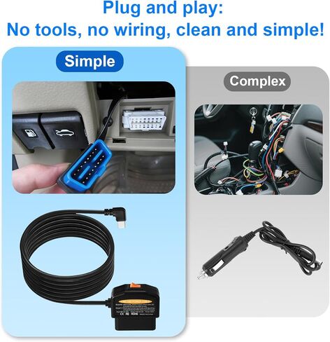 كابل طاقة كاميرا داش obd2، حماية من الجهد المنخفض (11.6 فولت/23.4 فولت) محول obd إلى النوع c، وضع انتظار السيارات 24/7 ووضع اكتشاف Acc، التوصيل والتشغيل المستمر للتسجيل in Kuwait