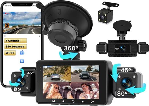 Inefala 4 Channel Dash Cam, 360 Dash Camera FHD 1080Px4 Front and Rear Inside Left Right, Car Camera with 5G WiFi/APP Loop Recording G-Sensor Night Vision Motion Detection Backup Assist in Kuwait