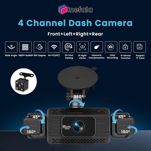 Inefala 4 Channel Dash Cam, 360 Dash Camera FHD 1080Px4 Front and Rear Inside Left Right, Car Camera with 5G WiFi/APP Loop Recording G-Sensor Night Vision Motion Detection Backup Assist in Kuwait
