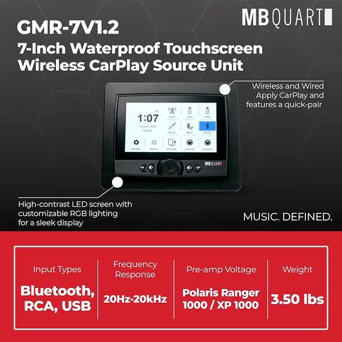 شاشة لمس MB Quart مقاس 7 بوصات، وحدة رأس جهاز استقبال تلقائي CarPlay Android للسيارات البحرية والرياضات القوية وATV وUTV وRV - ستيريو عالمي للمركبات in Kuwait