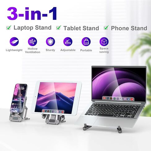 Ergonomic Laptop Stand for Desk, 3-in-1 Adjustable Aerospace Aluminum Riser, Foldable 3-Mode Holder, Sturdy Non-Wobble Ventilated, Fits 10-16" Laptops Tablets Phones, 0.6lb Ultra-Light (Gunmetal Grey) in Kuwait