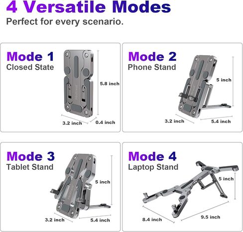 Ergonomic Laptop Stand for Desk, 3-in-1 Adjustable Aerospace Aluminum Riser, Foldable 3-Mode Holder, Sturdy Non-Wobble Ventilated, Fits 10-16" Laptops Tablets Phones, 0.6lb Ultra-Light (Gunmetal Grey) in Kuwait