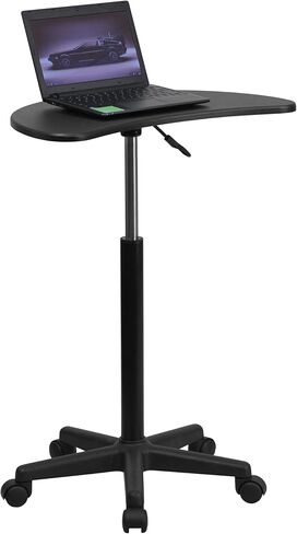 MAKLAINE Adjustable Laptop Desk, Black Laminate Finish, Engineered Wood, 27-36.5 in Height, Mobile Contemporary Table with Pneumatic Base, Casters, Half-Moon Shape, Sit or Stand Workstation for Home in Kuwait