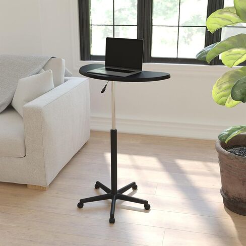 MAKLAINE Adjustable Laptop Desk, Black Laminate Finish, Engineered Wood, 27-36.5 in Height, Mobile Contemporary Table with Pneumatic Base, Casters, Half-Moon Shape, Sit or Stand Workstation for Home in Kuwait
