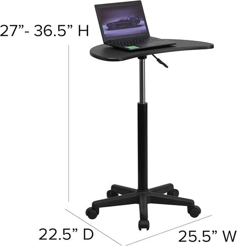 MAKLAINE Adjustable Laptop Desk, Black Laminate Finish, Engineered Wood, 27-36.5 in Height, Mobile Contemporary Table with Pneumatic Base, Casters, Half-Moon Shape, Sit or Stand Workstation for Home in Kuwait