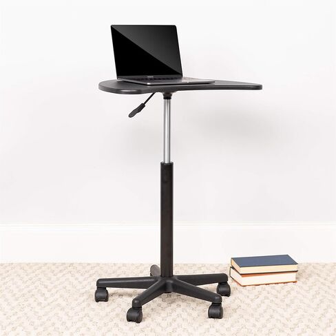 MAKLAINE Adjustable Laptop Desk, Black Laminate Finish, Engineered Wood, 27-36.5 in Height, Mobile Contemporary Table with Pneumatic Base, Casters, Half-Moon Shape, Sit or Stand Workstation for Home in Kuwait