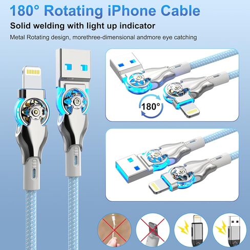 90 degree iPhone Charger Cable 6Ft, 180° Swivel Lightning Cord, Long USB to Lightning Cable for Mobile Gamers,TikTok, Sofa & Car Fast Charging,Tangle-Free, Durable Nylon for iPhone 14/13/12/11/SE in Kuwait