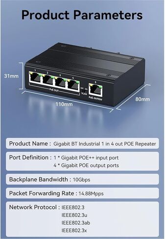 Repeater POE Industrial 4 Port Gigabit POE Repeater Extender 1000Mbps Aluminum Alloy DIN Rail 90W Input in Kuwait