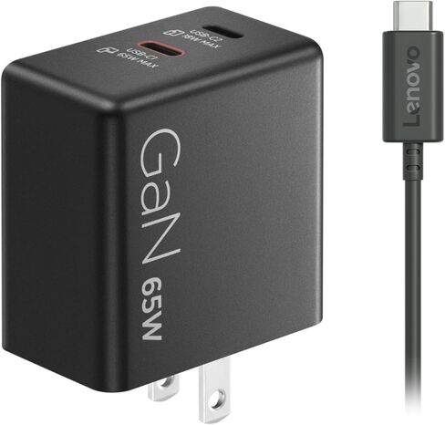شاحن Lenovo Dual USB-C 65W GaN، ومنفذي USB-C، لأجهزة الكمبيوتر المحمولة/الأجهزة اللوحية والهواتف والمزيد، حجم صغير، قابس قابل للطي، يتضمن كابل USB C بطول 1.5 متر، الطراز/النوع: CC65 in Kuwait