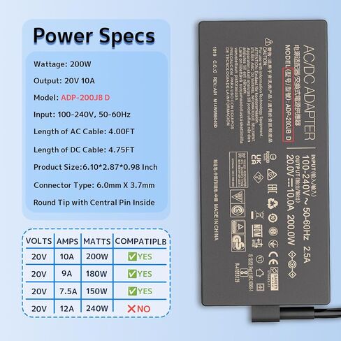 شاحن كمبيوتر محمول 200 واط ADP-200JB D متوافق مع ASUS TUF Gaming A15 F15 A17 F17 FA506 FA507 FA707 Dash 15 FX516 FX517 ROG Strix G15 G17 G513 G713 Zephyrus G15 Zenbook محول (طرف مستدير 6.0 × 3.7 مم) in Kuwait