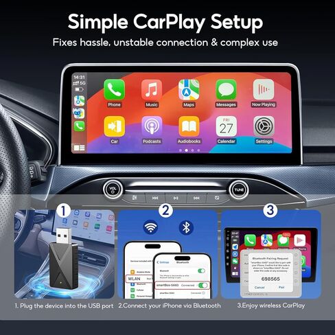Wireless CarPlay Adapter Convert Factory Wired CarPlay to Wireless, Zero Latency, Mini Plug & Play Design with Stable Connection USB-A/Type-C for iOS 10+ & 2016+ Cars, Black in Kuwait