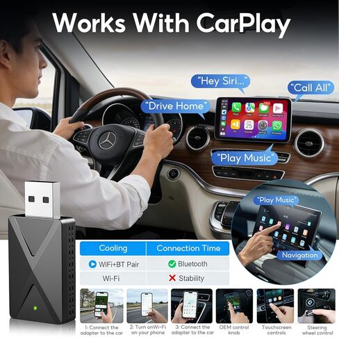 Wireless CarPlay Adapter Convert Factory Wired CarPlay to Wireless, Zero Latency, Mini Plug & Play Design with Stable Connection USB-A/Type-C for iOS 10+ & 2016+ Cars, Black in Kuwait