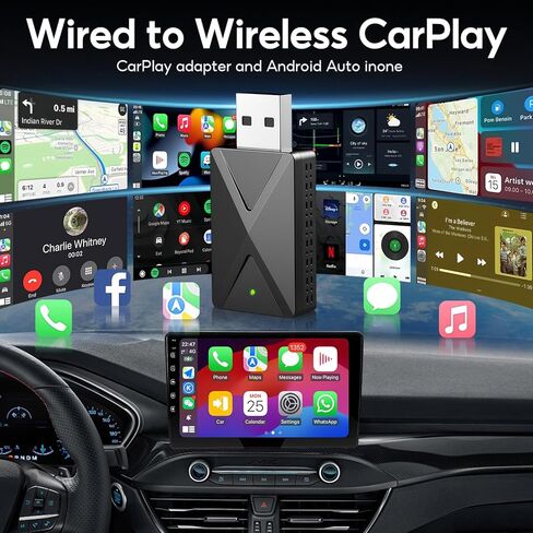 Wireless CarPlay Adapter Convert Factory Wired CarPlay to Wireless, Zero Latency, Mini Plug & Play Design with Stable Connection USB-A/Type-C for iOS 10+ & 2016+ Cars, Black in Kuwait