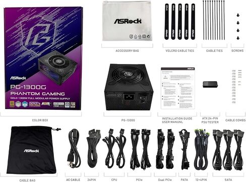 ASRock Phantom Gaming PG-1300G 1300W 80+ Gold PSU & 600W 12V-2x6 GPU Cable Bundle | ATX3.1 & PCIe5.1 Ready with 10-Year Warranty in Kuwait