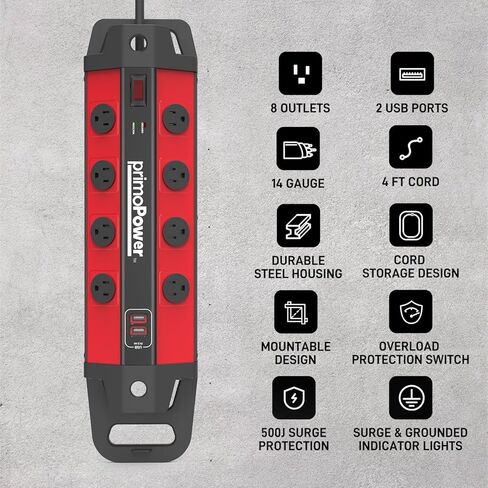 Metal Workshop Surge Protector Power Strip with 2 USB Ports - 8 Spaced Outlets, 500J Surge & Overload Protection, 4FT 14AWG Cord, Rugged Metal Housing, 125V/15A/1875W, Ideal for Indoor Workshop in Kuwait