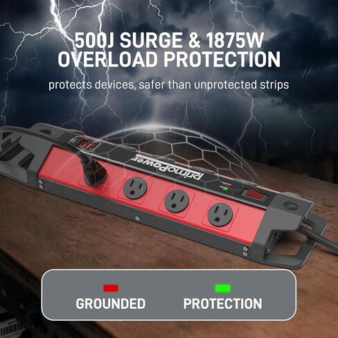 Metal Workshop Surge Protector Power Strip with 2 USB Ports - 8 Spaced Outlets, 500J Surge & Overload Protection, 4FT 14AWG Cord, Rugged Metal Housing, 125V/15A/1875W, Ideal for Indoor Workshop in Kuwait