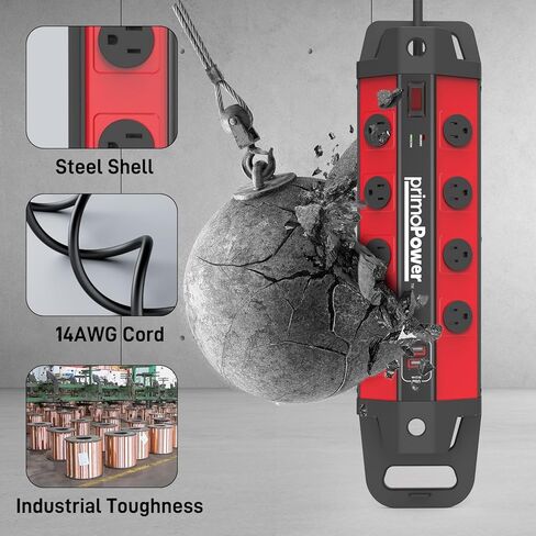 Metal Workshop Surge Protector Power Strip with 2 USB Ports - 8 Spaced Outlets, 500J Surge & Overload Protection, 4FT 14AWG Cord, Rugged Metal Housing, 125V/15A/1875W, Ideal for Indoor Workshop in Kuwait