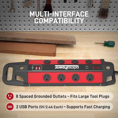 Metal Workshop Surge Protector Power Strip with 2 USB Ports - 8 Spaced Outlets, 500J Surge & Overload Protection, 4FT 14AWG Cord, Rugged Metal Housing, 125V/15A/1875W, Ideal for Indoor Workshop in Kuwait