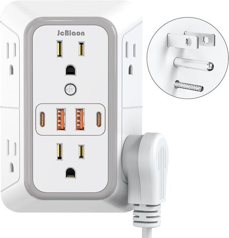 JcBlaon Outlet Extender Surge Protecto، 6 موسع منافذ مع 4 منافذ USB، 3 جوانب طاقة 1050J، شاحن حائط موسع متعدد التوصيل للسفر في المنزل والمكتب in Kuwait