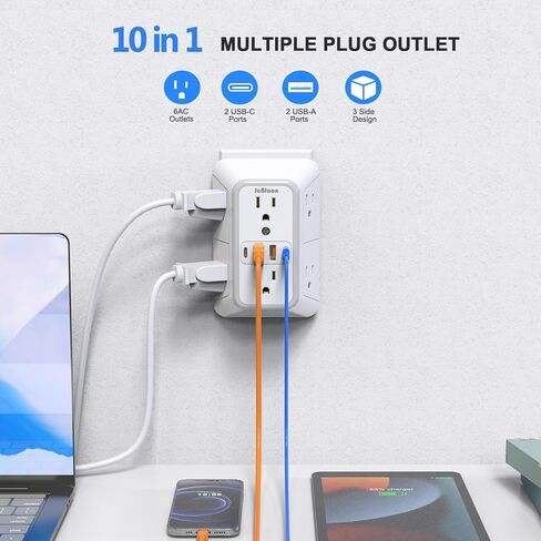JcBlaon Outlet Extender Surge Protecto، 6 موسع منافذ مع 4 منافذ USB، 3 جوانب طاقة 1050J، شاحن حائط موسع متعدد التوصيل للسفر في المنزل والمكتب in Kuwait