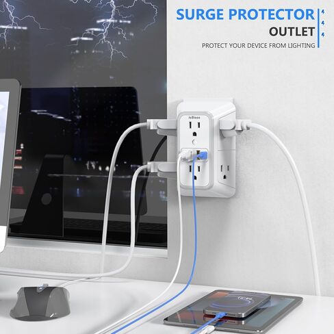 JcBlaon Outlet Extender Surge Protecto، 6 موسع منافذ مع 4 منافذ USB، 3 جوانب طاقة 1050J، شاحن حائط موسع متعدد التوصيل للسفر في المنزل والمكتب in Kuwait