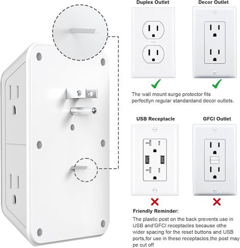 JcBlaon Outlet Extender Surge Protecto، 6 موسع منافذ مع 4 منافذ USB، 3 جوانب طاقة 1050J، شاحن حائط موسع متعدد التوصيل للسفر في المنزل والمكتب in Kuwait
