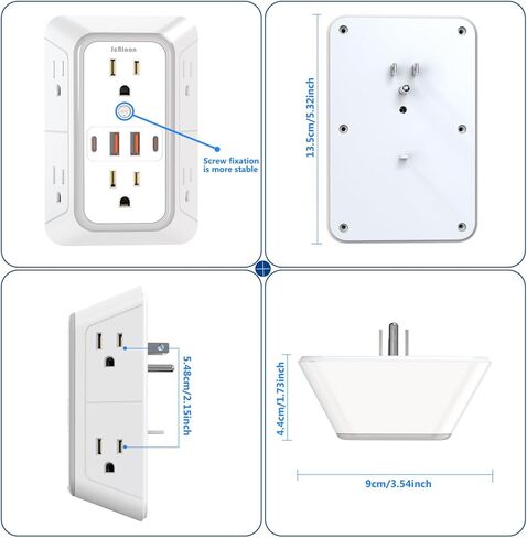 JcBlaon Outlet Extender Surge Protecto، 6 موسع منافذ مع 4 منافذ USB، 3 جوانب طاقة 1050J، شاحن حائط موسع متعدد التوصيل للسفر في المنزل والمكتب in Kuwait
