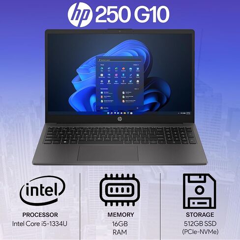 كمبيوتر محمول HP 250 255 G10 Business بشاشة 15.6 بوصة FHD، Intel Core i5-1334U (Beats AMD Ryzen 5 7530U) ذاكرة الوصول العشوائي 16 جيجابايت، 512 جيجابايت PCIe SSD للمنزل، الطلاب، كاميرا الويب، لوحة المفاتيح الرقمية، Windows 11 Pro in Kuwait