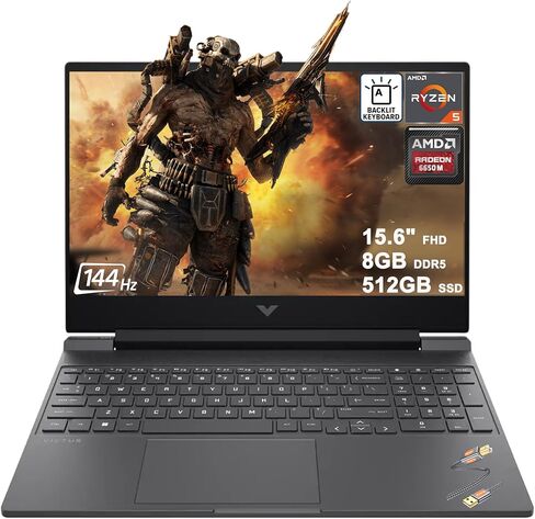 كمبيوتر محمول HP Victus 15 للألعاب مقاس 15.6 بوصة FHD IPS 144 هرتز (AMD FreeSync Premium) AMD 6-core Ryzen 5 7535HS 8GB DDR5 512GB SSD Radeon RX 6550M (>RTX3050) كابل طابعة USB-C سريع الشحن Win11 ICP بإضاءة خلفية in Kuwait