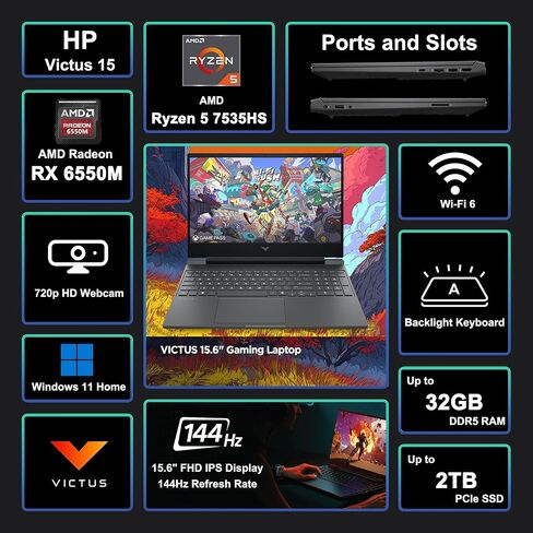 كمبيوتر محمول HP Victus 15 للألعاب مقاس 15.6 بوصة FHD IPS 144 هرتز (AMD FreeSync Premium) AMD 6-core Ryzen 5 7535HS 8GB DDR5 512GB SSD Radeon RX 6550M (>RTX3050) كابل طابعة USB-C سريع الشحن Win11 ICP بإضاءة خلفية in Kuwait
