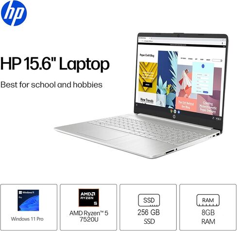 كمبيوتر محمول HP 15.6 بوصة FHD IPS | Ryzen 5 5500U | إصدار 2026 | 8 جيجابايت DDR4RAM 256 جيجابايت SSD | Copilot AI | بطارية 10H | رسومات AMD Radeon | HDMI | Windows 11 Home in Kuwait