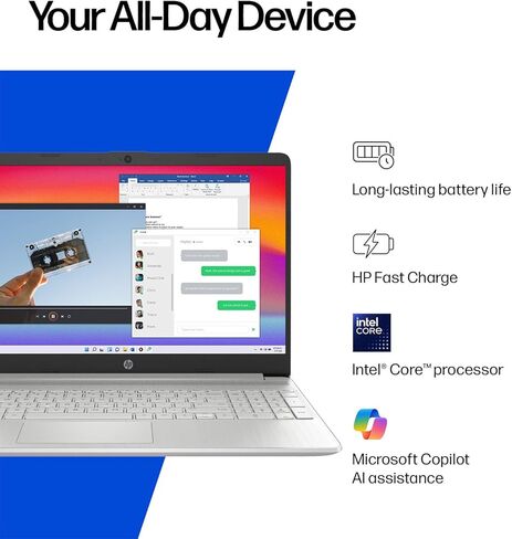 كمبيوتر محمول HP 15.6 بوصة FHD IPS | Ryzen 5 5500U | إصدار 2026 | 8 جيجابايت DDR4RAM 256 جيجابايت SSD | Copilot AI | بطارية 10H | رسومات AMD Radeon | HDMI | Windows 11 Home in Kuwait