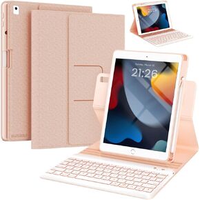 حافظة لوحة مفاتيح لجهاز iPad 9th/8th/7th Generation 10.2 بوصة، حافظة iPad Pro 10.5 بوصة قابلة للدوران 360 درجة مع حامل قلم رصاص، غطاء فوليو للوحة مفاتيح بلوتوث بإضاءة خلفية 7 ألوان (ذهبي وردي) in Kuwait