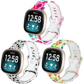 Compatible with Versa 3 / Sense Bands for Women and Men,Soft Silicone Sports Bands Replacement Wristband for Versa 3 / Sense Smart Watch 3 Pack (L, Love + black and white + pink blue flowers) in Saudi Arabia